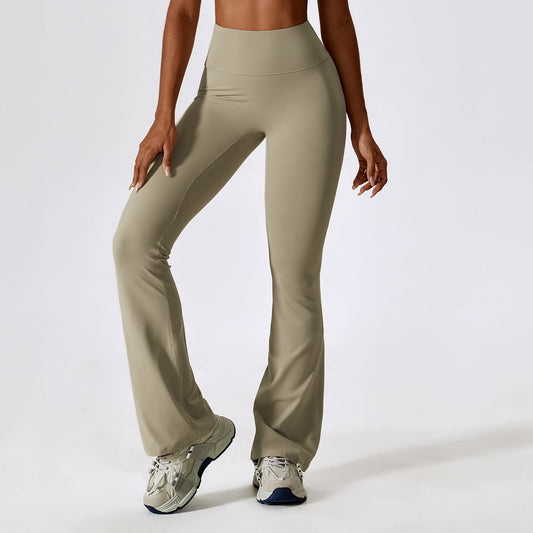 Foto frontal de leggings acampanados beige BYMO.